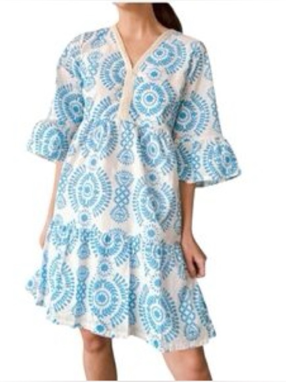 SAIPH Santorini Cotton Mini Dress Size Large Bell Sleeves V Neck Blue White